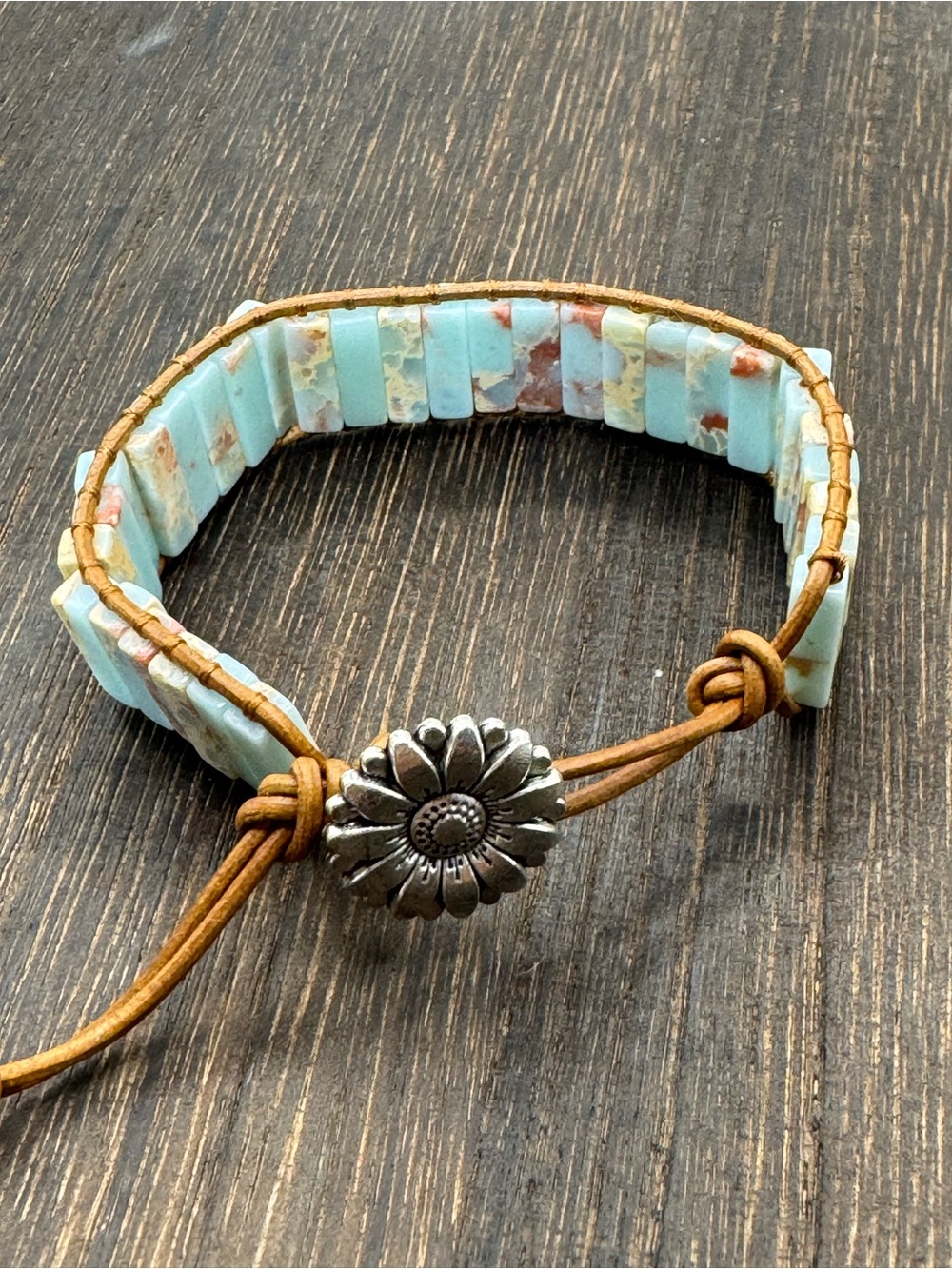 Rectangular Agalmatolite Hand-Woven Leather Bracelet. Bohemian Design.